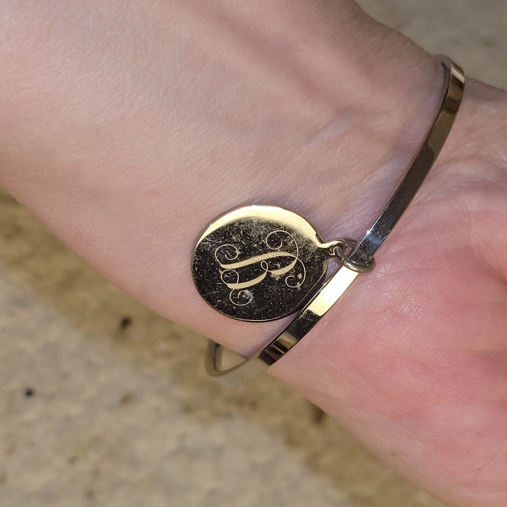Silver Tone Monogram Initial B‎ Charm Bangle Bracelet Minimalist Adjustable